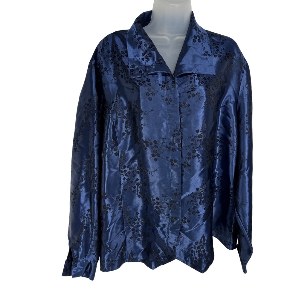 Vintage Satin Blue Ditsy Floral Jacquard Button Top Long Sleeve Size XL Career
